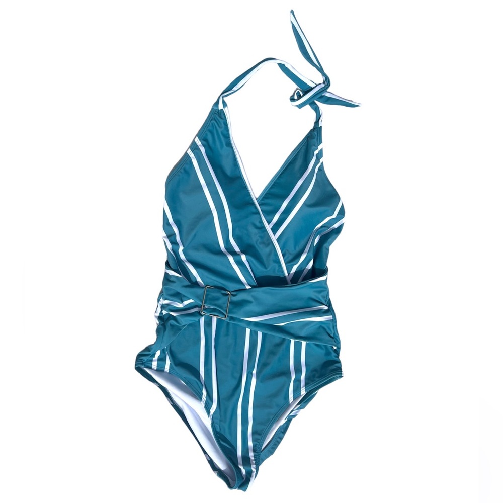 Grace Karin One Piece Plunging V Neck Belted Backless Halter Swimsuit, Green, M - Picture 2 of 16